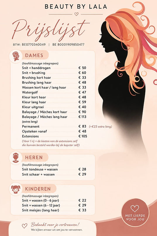 Prijslijst Beauty by Lala