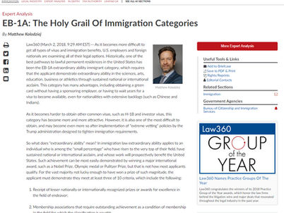 Law360 published Matthew Kolodziej's Analysis on EB-1A