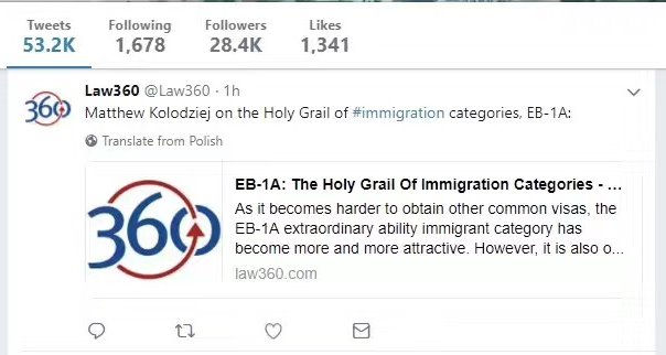 law360 twitter screenshot-Matthew Kolodziej-EB1-Expert Analysis