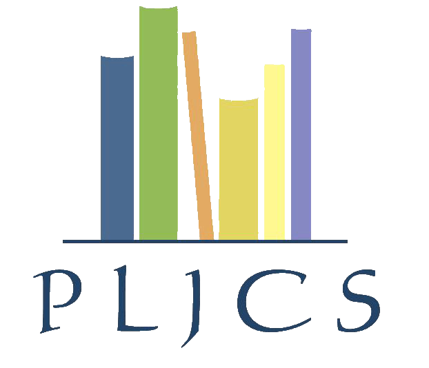 PLJCS Logo. Multiple stylized books on shelf over letters "PLJCS."