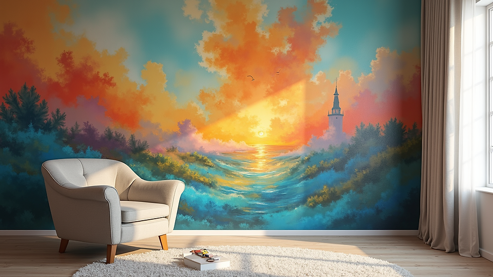 Close-up view of a freshly installed mural with vibrant colors on a living room wall