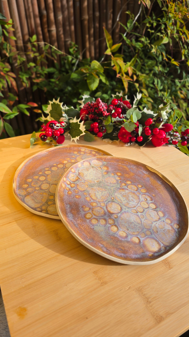 Assiette artisanale en grès de la collection Lueur d’hiver, motif doré et givré, disponible en petit ou grand format.