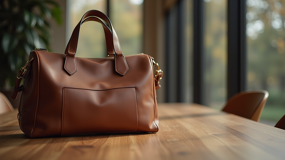 Close-up view of a stylish leather handbag on a wooden table