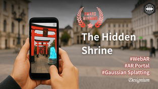 A person holds a smartphone displaying an augmented reality view of red torii gates and a glowing blue guardian lion statue, overlaid on a real-world city plaza. Text on the right reads: Award Winning – The Hidden Shrine. Hashtags include WebAR, AR Portal, and Gaussian Splatting. A WebAR logo and the Designium logo are also present.