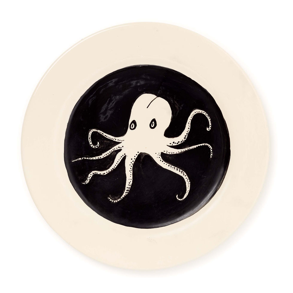 front of octopus hand-painted plate by artist harryjoneslondon