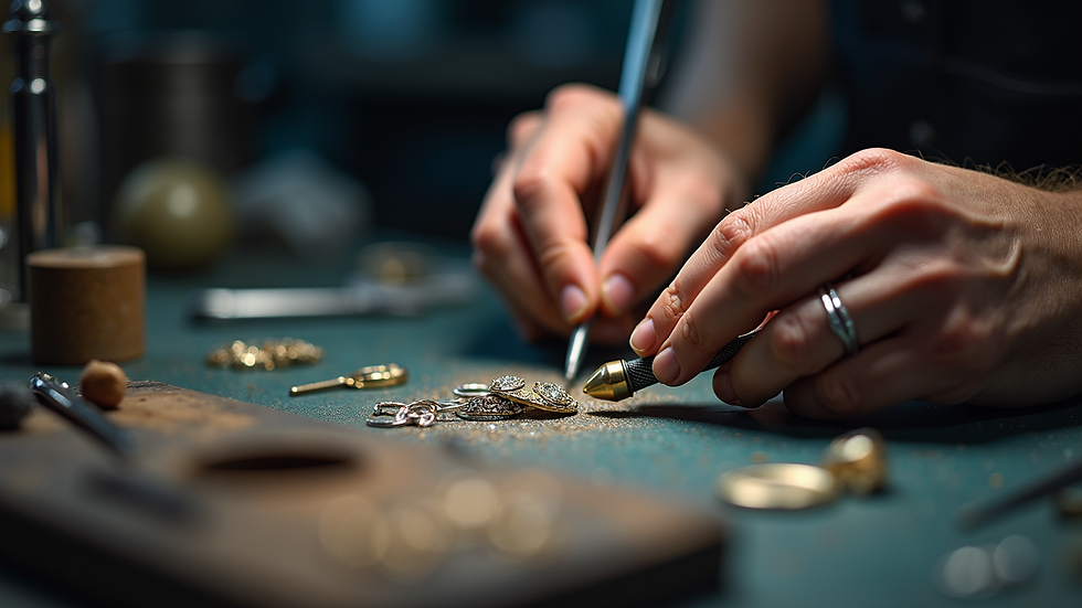 Close-up view of a jeweler's workspace with tools and materials