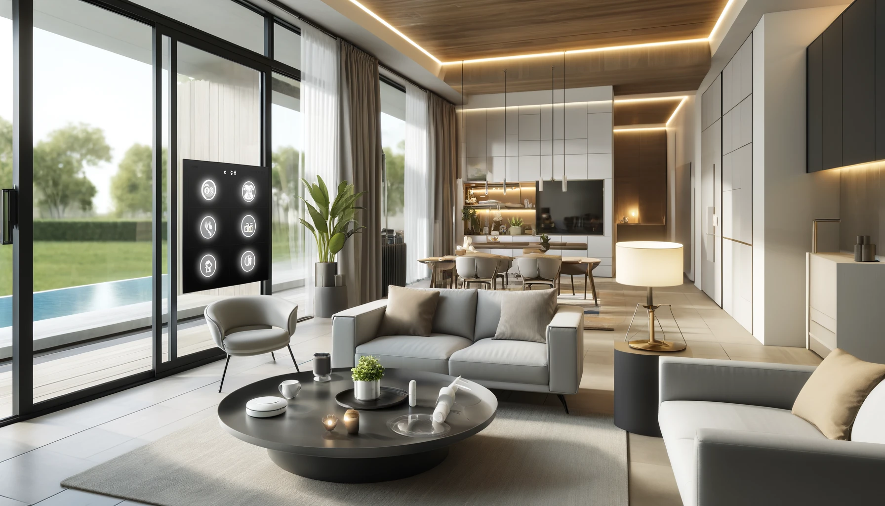 smart home integration in a modern Los Angeles home, showcasing features such as smart lighting, voice-activated assistants, automated blinds, and high-tech appliances. These elements are seamlessly incorporated into a sleek, minimalist design with clean lines and a neutral color palette.