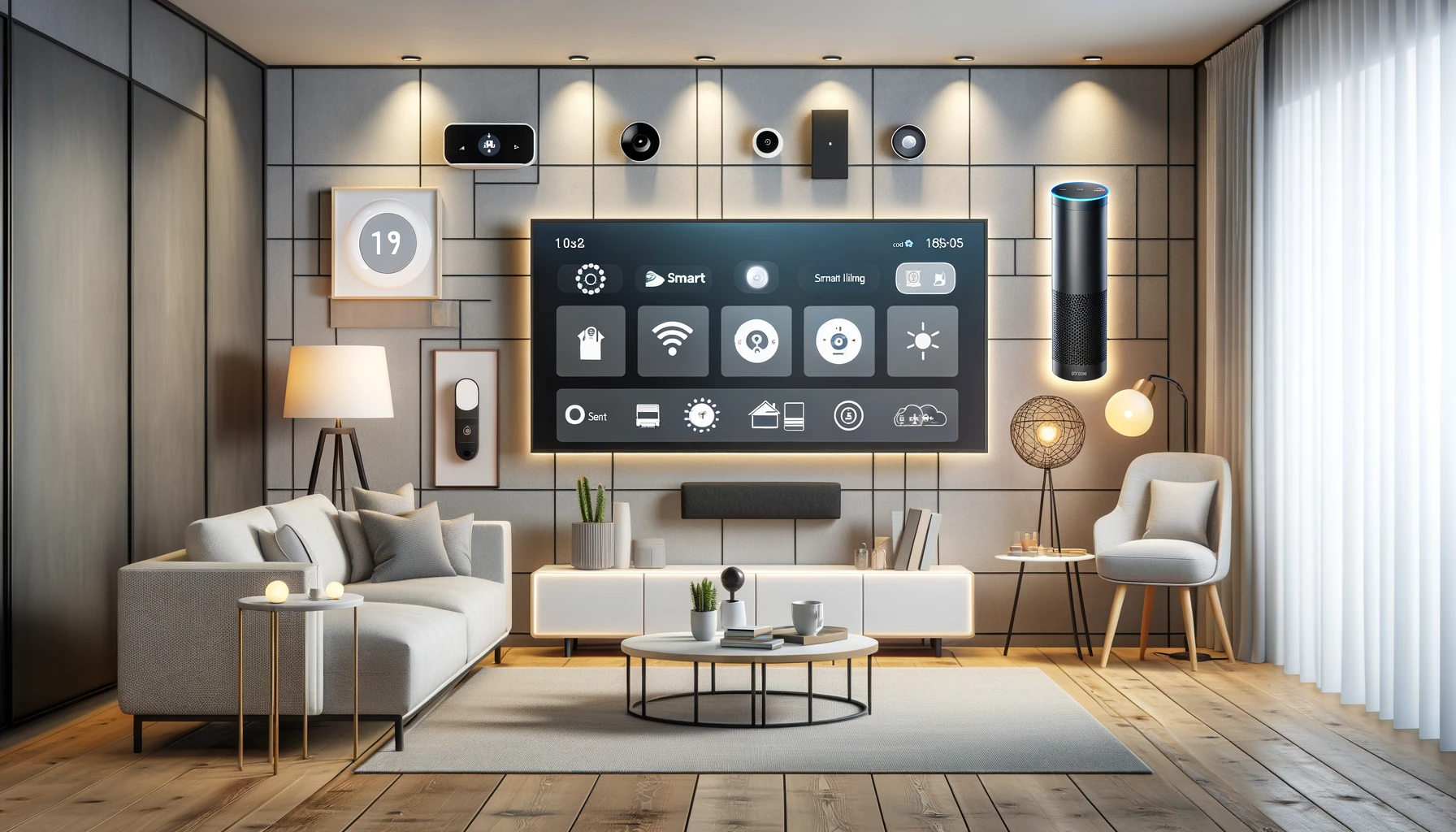 The smart devices include a smart thermostat, smart lighting, voice assistant devices, smart security cameras, and smart kitchen appliances, all in a clean and contemporary setting. This visual can enhance your blog post about the benefits of smart home technology in new builds for DVB Construction.