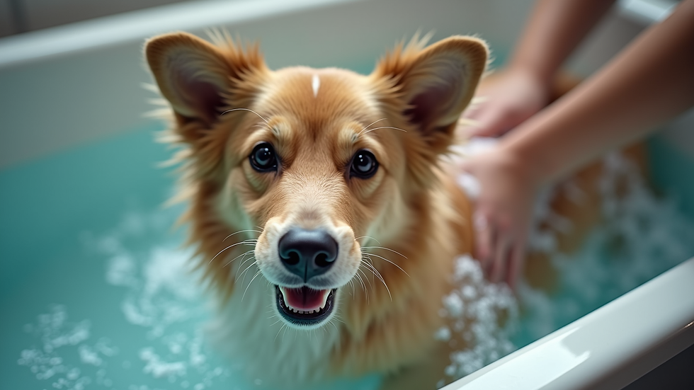 Close-up view of a dog being gently bathed in a grooming tub