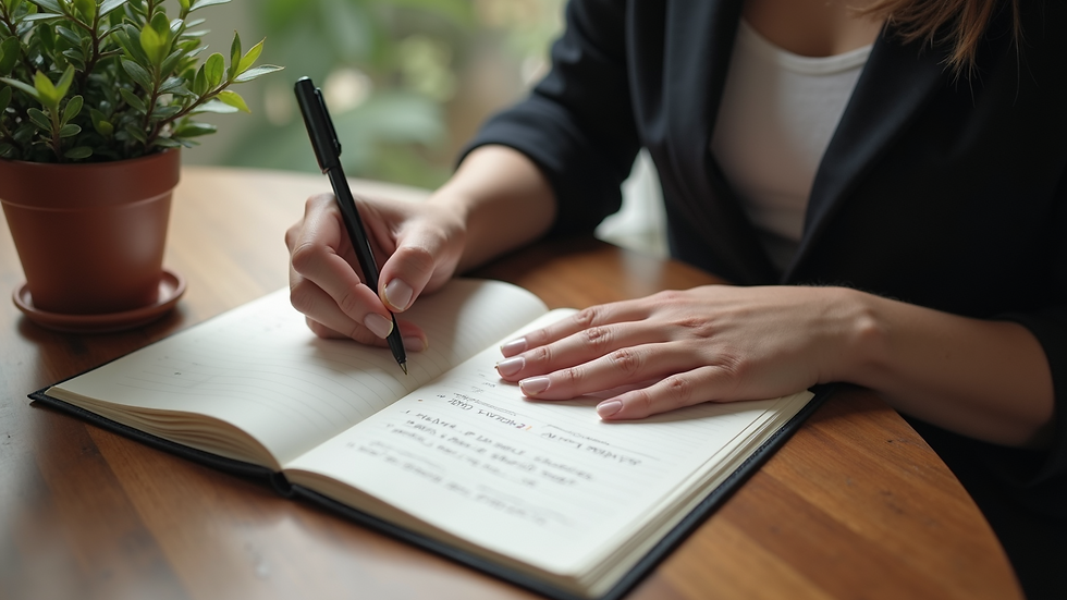 High angle view of a woman writing health goals in a journal during coaching session