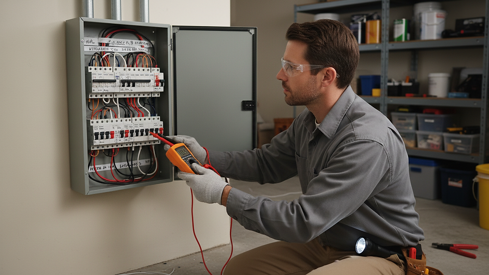 Eye-level view of an electrician inspecting a residential electrical panel