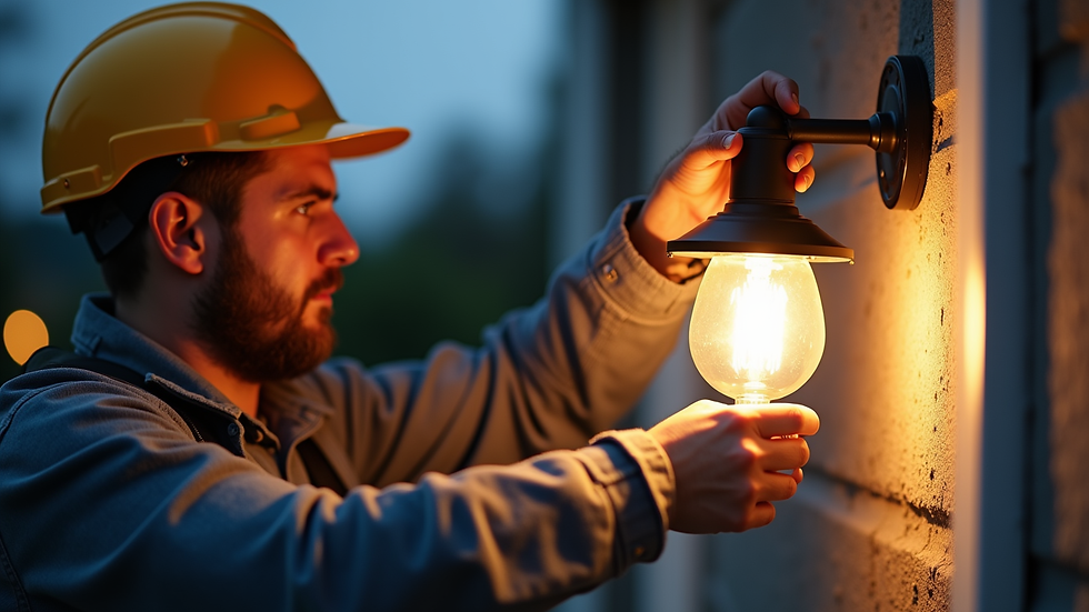Close-up view of electrician installing outdoor lighting fixture