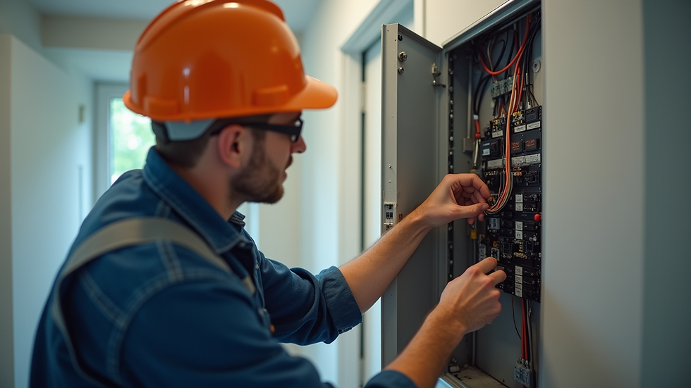 Eye-level view of electrician inspecting residential electrical panel