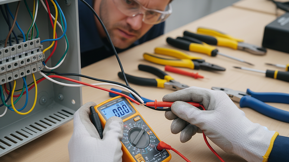 Close-up view of an electrician using a multimeter to test electrical wiring