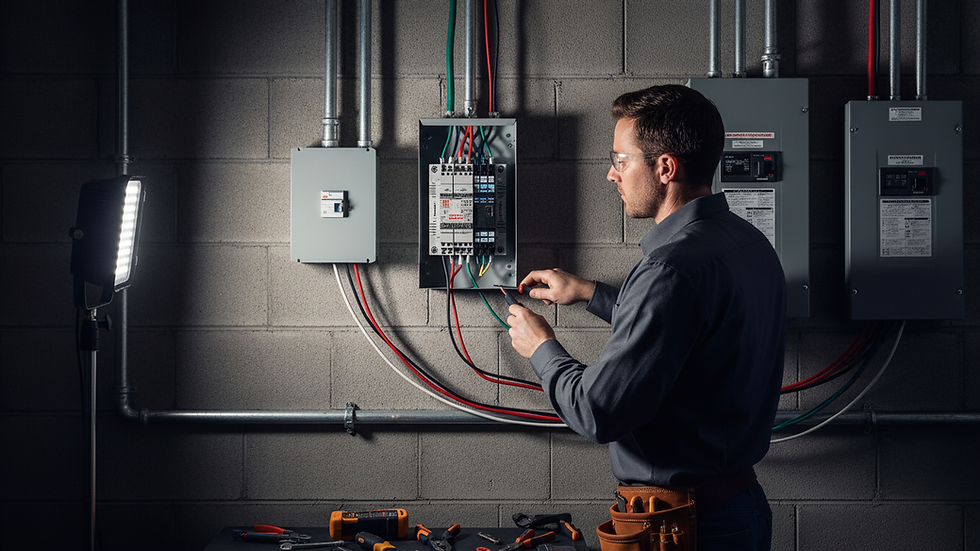 Eye-level view of a professional electrician installing a generator transfer switch