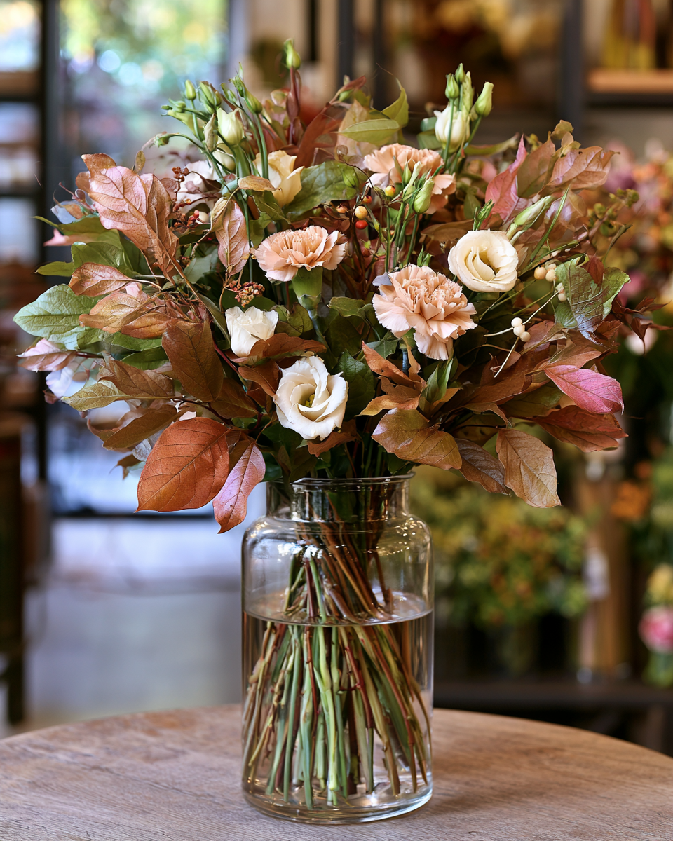 Bouquet d’automne avec feuillages et fleurs aux tons naturels