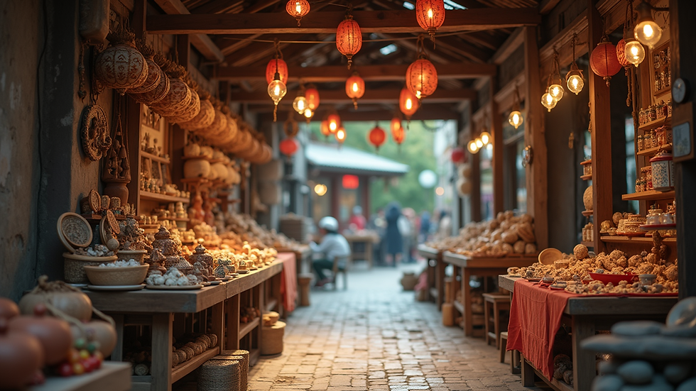 Eye-level view of a traditional market stall with handmade crafts