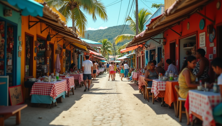 Eye-level view of colorful street market in Cabarete with local crafts
