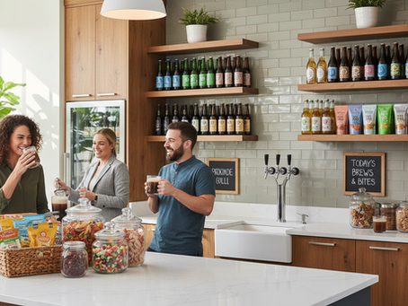 Eye-level view of a modern office pantry with a variety of craft beverages including non-alcoholic beer