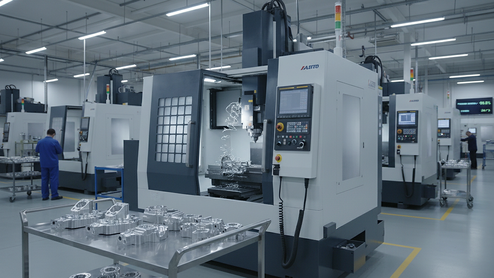 Eye-level view of CNC milling machine cutting metal part