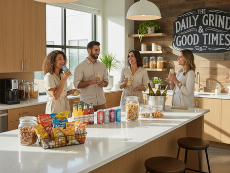 workers enjoying non alcoholic beverages in their work's common area