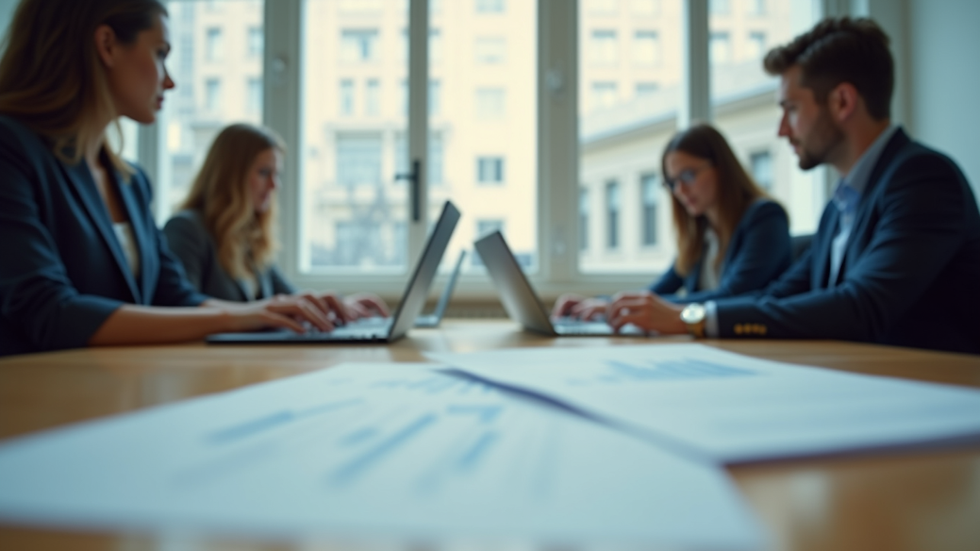 Eye-level view of a business meeting with documents and laptops on the table