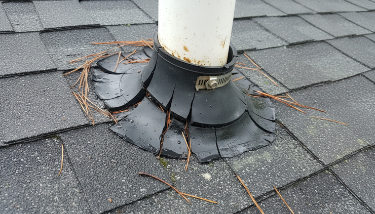 Close-up view of cracked rubber flashing around a roof vent pipe