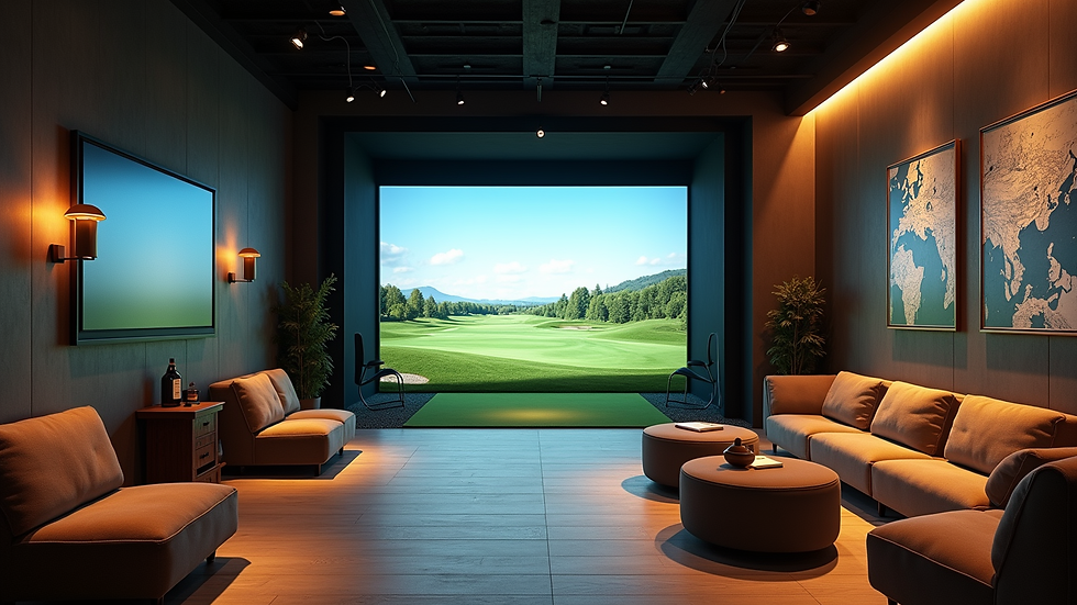 Wide angle view of a golf lounge with multiple simulators and seating areas