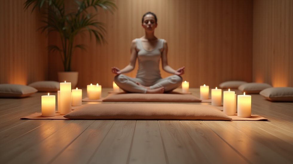 Eye-level view of a serene meditation space with candles and cushions