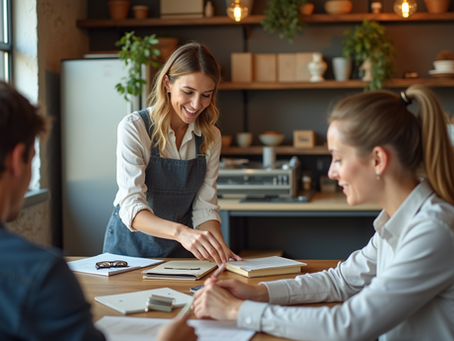 Eye-level view of a small business owner organizing inventory in a cozy shop