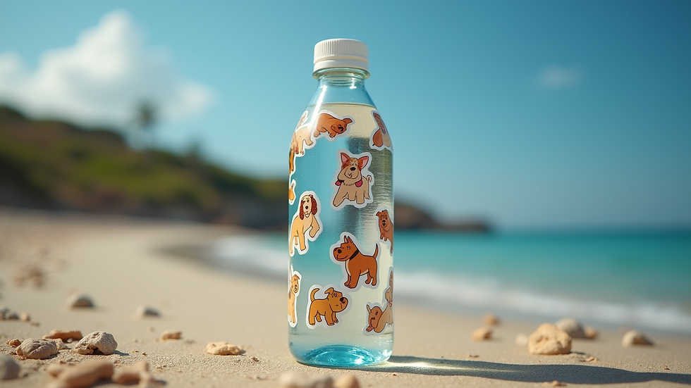 Eye-level view of a water bottle decorated with dog mom stickers