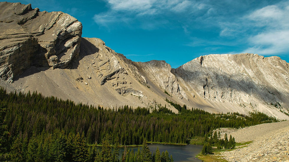 Forested mountains rising to rocky peaks under a blue sky