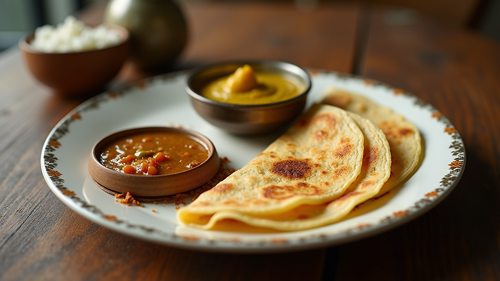 Eye-level view of a plate with dosa and sambar served with chutneys
