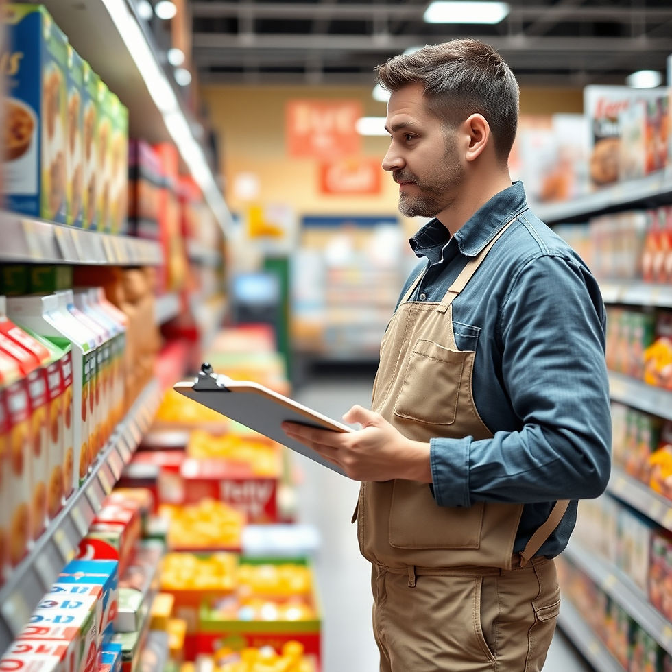 A man in a beige apron holds a clipboard, examining cereal boxes on a supermarket shelf. Brightly lit, with vibrant packaging colors.