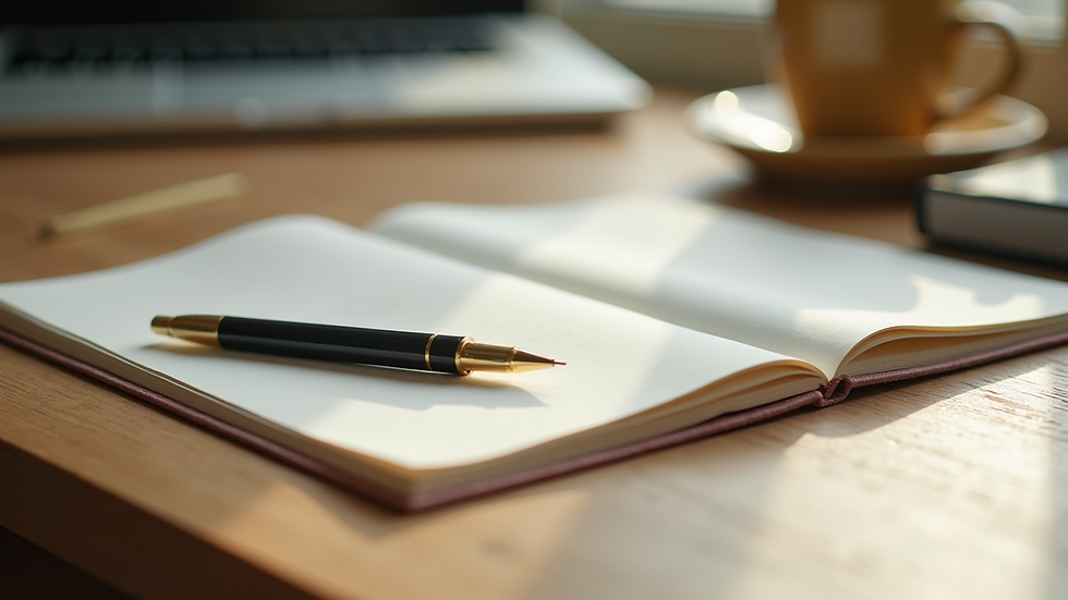 Close-up view of a journal and pen on a wooden desk with soft natural light