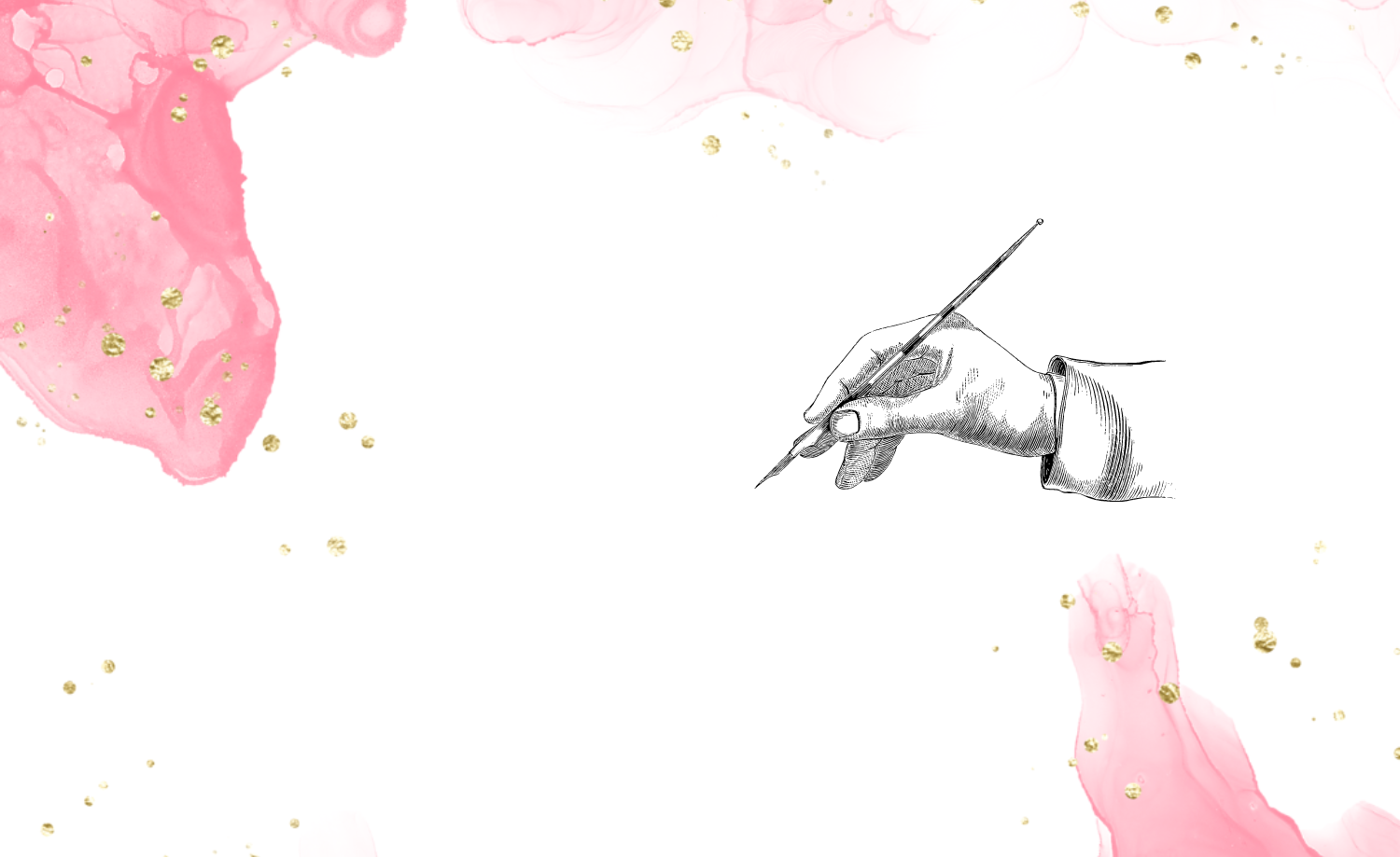 An artistic illustration featuring a hand holding a pen, set against a pink and gold abstract background, symbolizing creativity, inspiration, and expression.