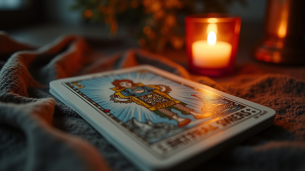 Eye-level view of a tarot deck with a candle softly glowing nearby