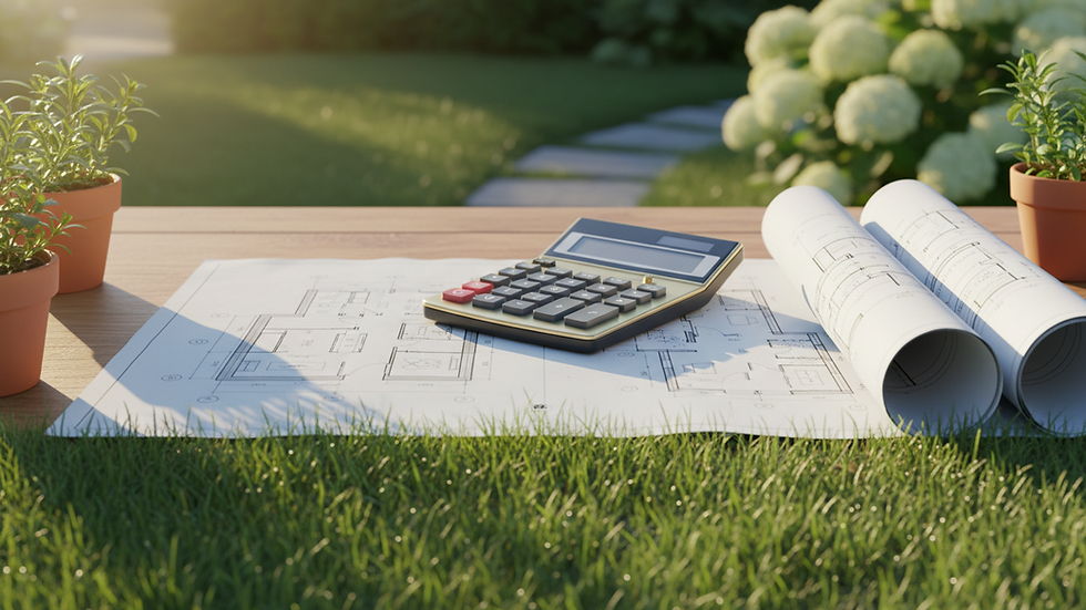 Close-up view of a calculator and home blueprints on a wooden table