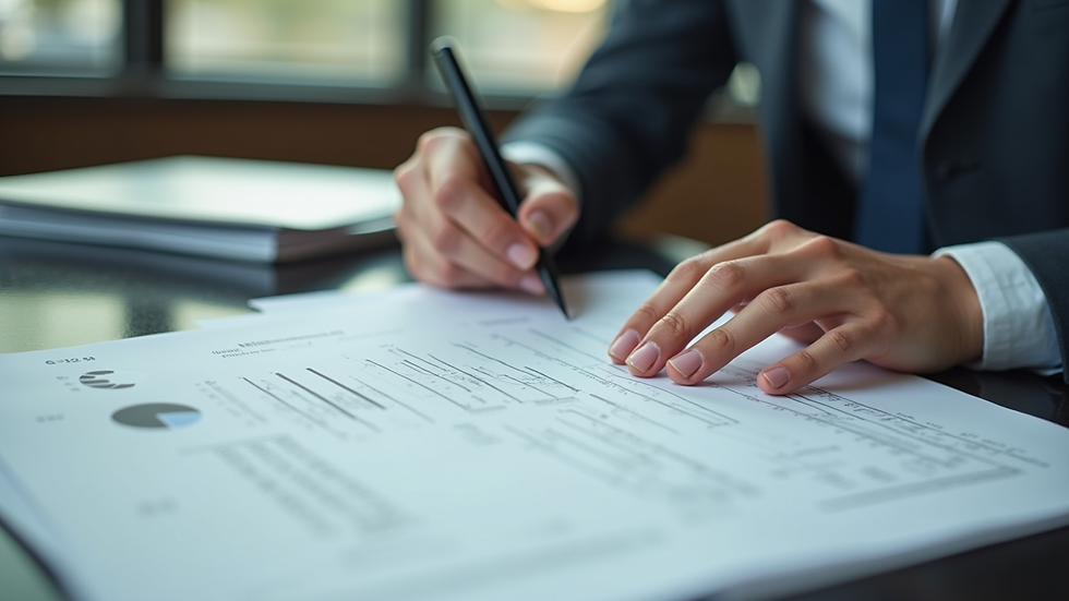 Close-up view of a business owner organizing financial documents