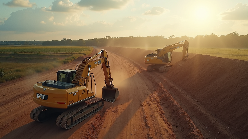 High angle view of cleared land with excavation machinery