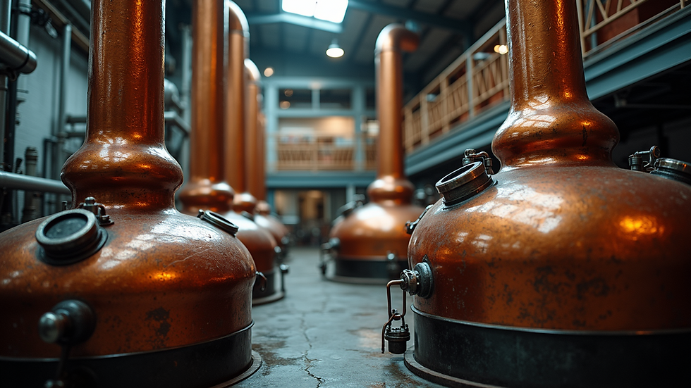 Eye-level view of a distillery with copper stills