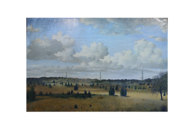 A painting by Ralph Carpentier with fields, cedar trees, and clouds.
