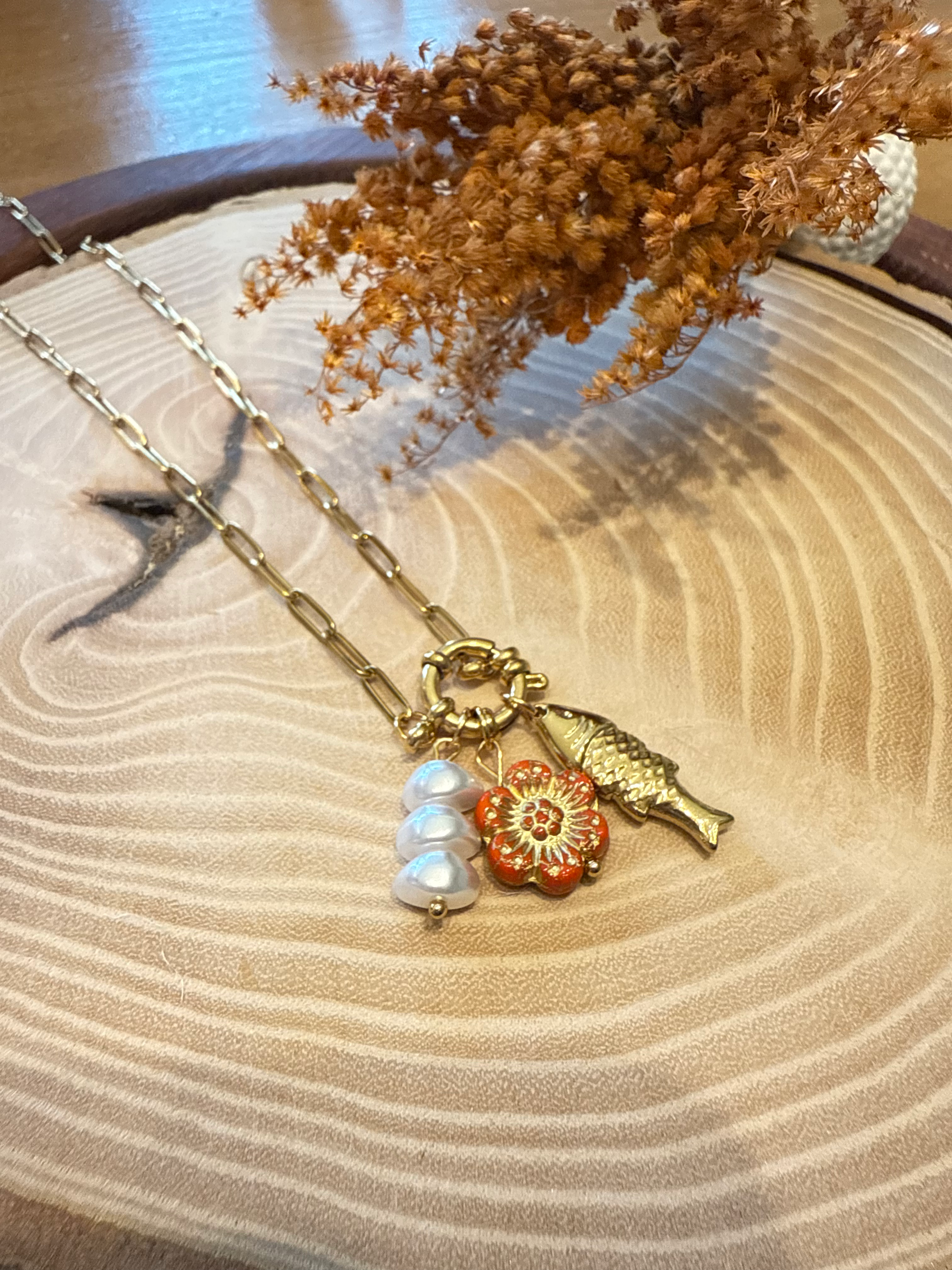 Charmlı Çelik Kolye Gold