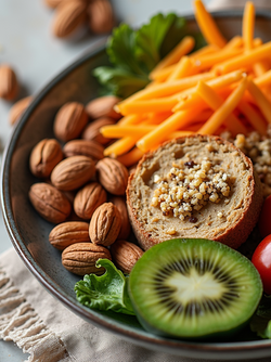 A top-down view of a healthy plate featuring grains, vegetables, and nuts.