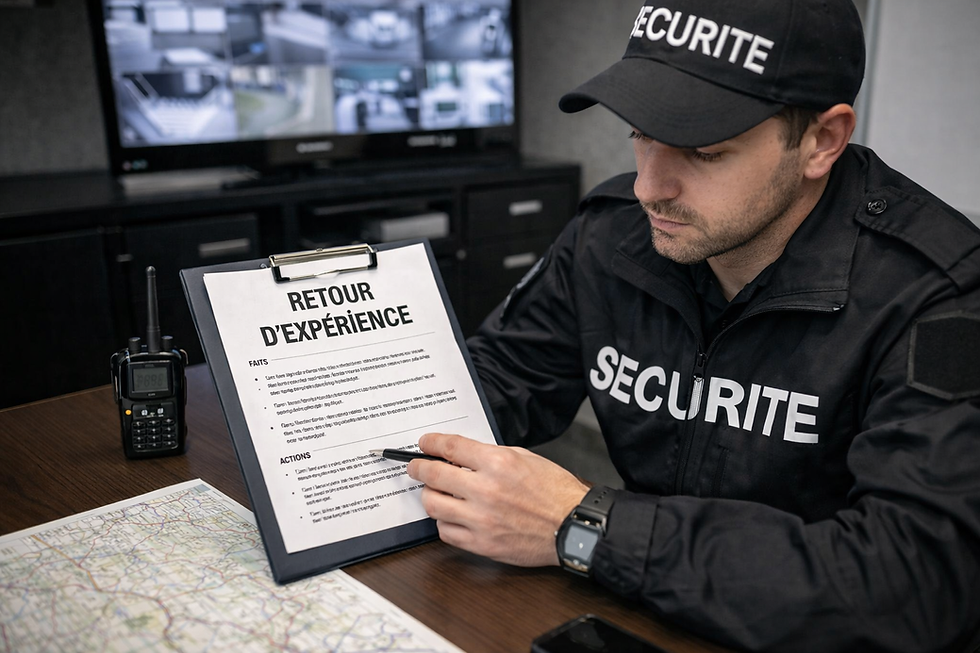 Vue rapprochée d’un agent de sécurité analysant un rapport d’intervention