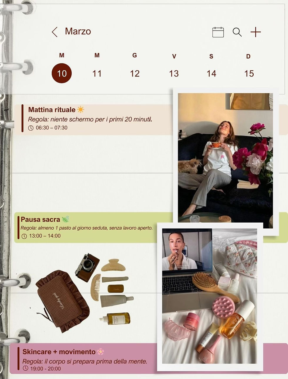 Planner settimanale con rituali di self‑care, immagini lifestyle e routine benessere.