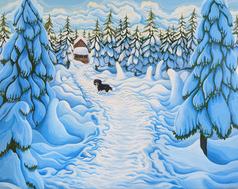 Little dog snowy trees path to mountain cabin acrylic painting 