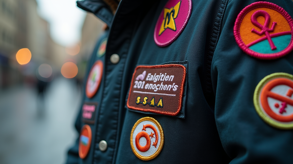Close-up of a jacket with feminist patches and symbols