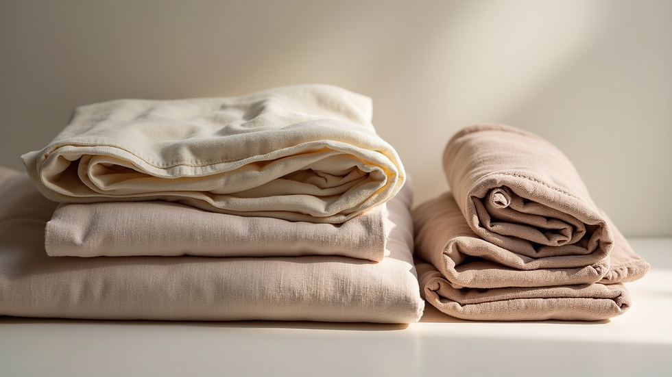 Close-up of folded sustainable womenswear items in neutral colours