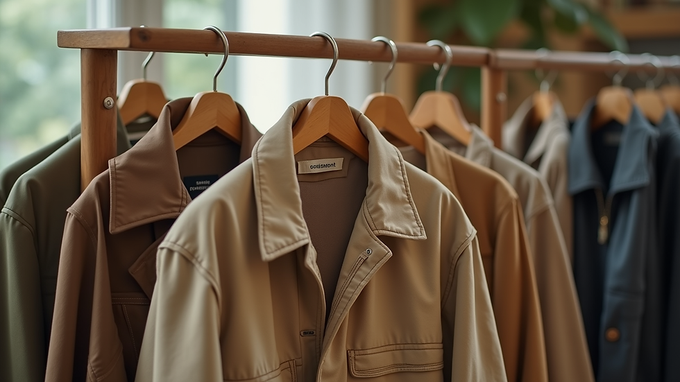 Eye-level view of a sustainable jacket hanging on a wooden rack